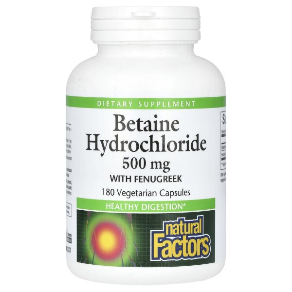 Natural Factors, Betainhydrochlorid mit Bockshornklee, 500 mg, 180 vegetarische Kapseln