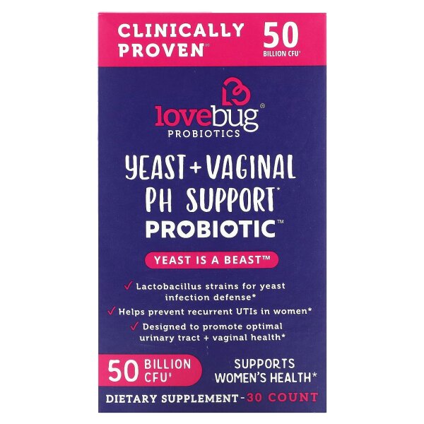 LoveBug Probiotics, Hefe + vaginales PH-Support-Probiotikum, 50 Milliarden KBE, 30 Kapseln