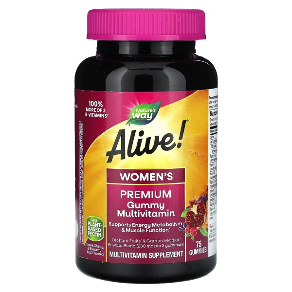 Natures Way, Alive! Womens Premium Gummy Multivitamin, Multivitamine als Premium-Fruchtgummi f?r Frauen, Traube, Kirsche und Heidelbeere-A?a?, 75 Fruchtgummis