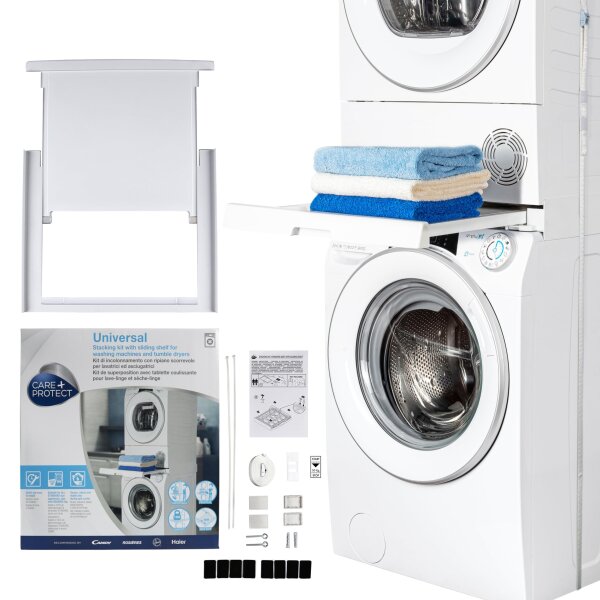 CARE+PROTECT Universaler Zwischenbaurahmen mit ausziehbarem Boden für Waschmaschinen und Trockner, passend für Geräte mit Tiefe 47-62 cm, platzsparend, weiß, eckige Front
