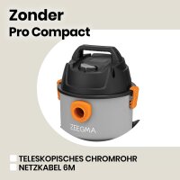 Zeegma ZONDER Pro COMPACT - BITTE LESEN - Nass-/Trockensauger, Kompakter Industriestaubsauger 1000W, Behälter 6 L, Polster- und Teppichdüste, Ausblasfunktion