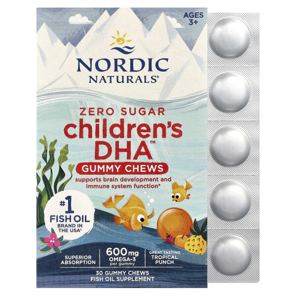 Nordic Naturals, Kau-Snack in Form von Fruchtgummis mit DHA für Kinder, ab 3 Jahren, Tropical Punch, 600 mg, 30 Fruchtgummis