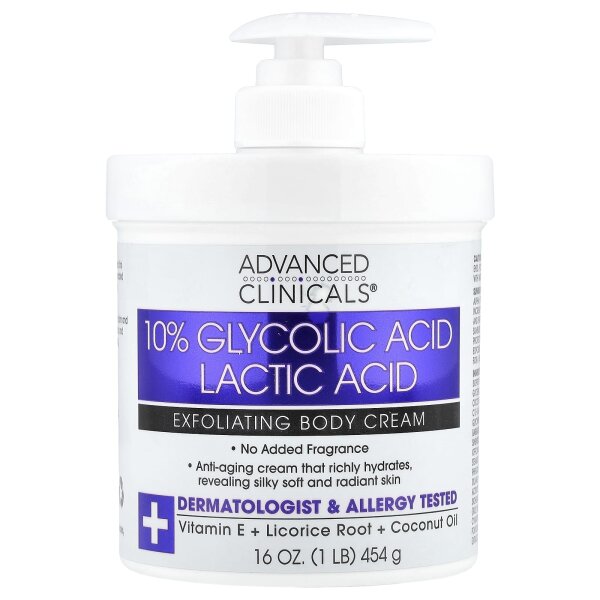 Advanced Clinicals, 10% Glycolic Acid, Lactic Acid, Peeling-Körpercreme mit 10% Glycolsäure, Milchsäure, 454 g