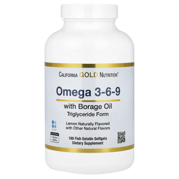 California Gold Nutrition, Omega-3-6-9-Fischöl mit Borretschöl, norwegisches Triglycerid, natürliche Zitrone, 180 Weichkapseln