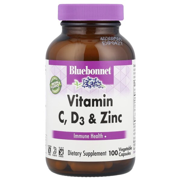 Bluebonnet Nutrition, Vitamin C, D3 und Zink, 100 pflanzliche Kapseln
