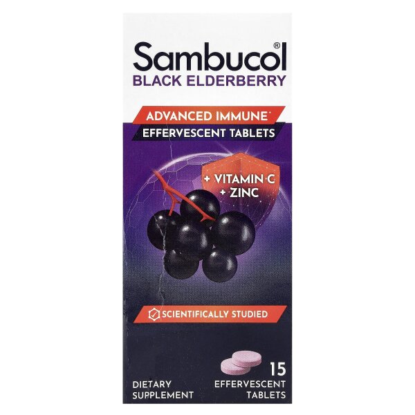 Sambucol, Black Elderberry, Effervescent Tablets + Vitamin C & Zinc, Schwarzer Holunder, Brausetabletten + Vitamin C und Zink, ab 4 Jahren, 15 Brausetabletten