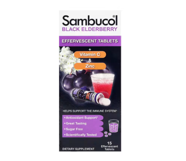 Sambucol, Black Elderberry, Effervescent Tablets + Vitamin C & Zinc, Schwarzer Holunder, Brausetabletten + Vitamin C und Zink, ab 4 Jahren, 15 Brausetabletten