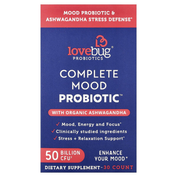 LoveBug Probiotics, Complete Mood Probiotic with Organic Ashwagandha, ganzheitliches stimmungsunterstützendes Probiotikum mit Bio-Ashwagandha, 50 Milliarden KBE, 30 Stück