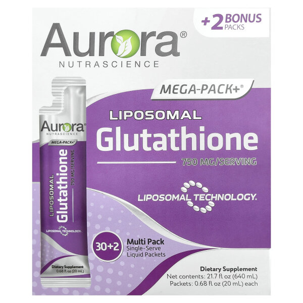 Aurora Nutrascience, Mega-Pack+, Liposomal Glutathione, liposomales Glutathion, 750 mg, 32 Päckchen, je 20 ml