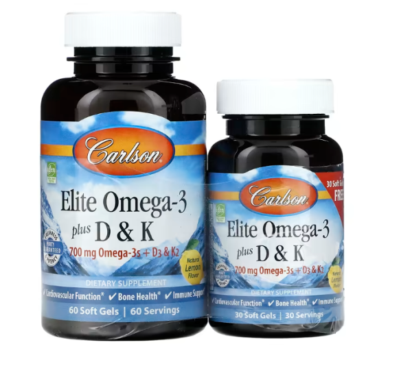 Carlson, Elite Omega-3 Plus D & K, Zitronenaroma, 60 + 30 Softgele