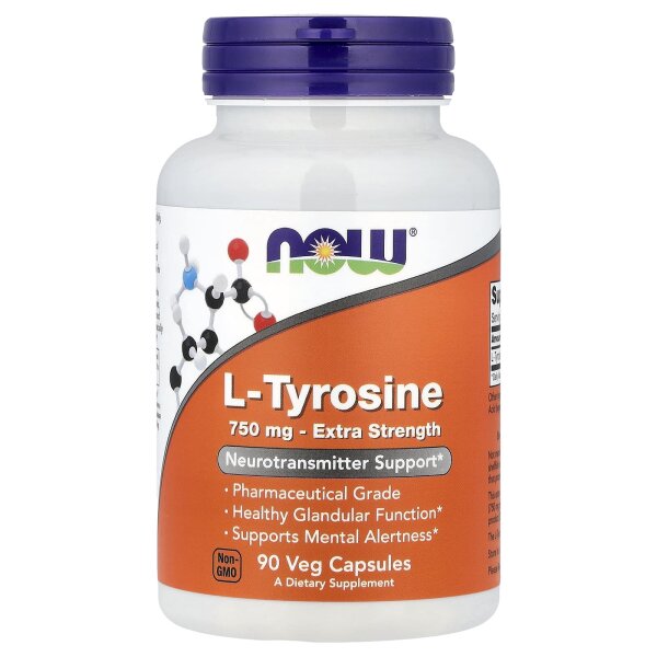 NOW Foods, L-Tyrosin, Extra starkt, 750 mg, 90 Veg Kapseln