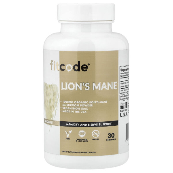 fitcode, Lions Mane, Löwenmähne, 1.000 mg, 60 pflanzliche Kapseln