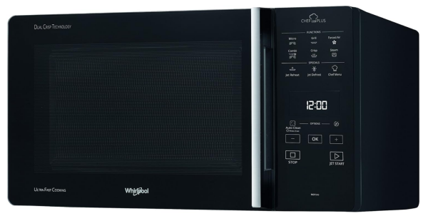 Whirlpool MCP 349 BL Chef Plus Kombinierte Mikrowelle mit hohem Grill, niedrigem Rost, knuspriger Platte + Griff, 25 Liter, schwarz