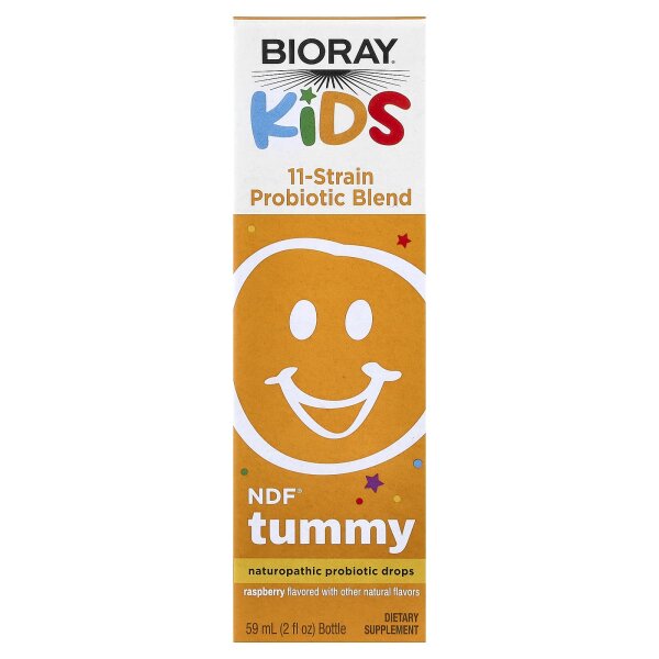 Bioray, Kids, NDF Tummy, 11-Strain Probiotic Blend, NDF-Präparat für Kinder, Mischung aus 11 probiotischen Stämmen, Himbeergeschmack, 60 ml