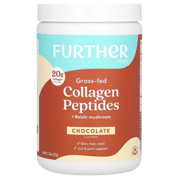 Further Food, Grass Fed Collagen Peptides + Reishi Mushroom, Kollagenpeptide von grasgefütterten Kühen + Reishi-Pilze, Schokolade, 322 g