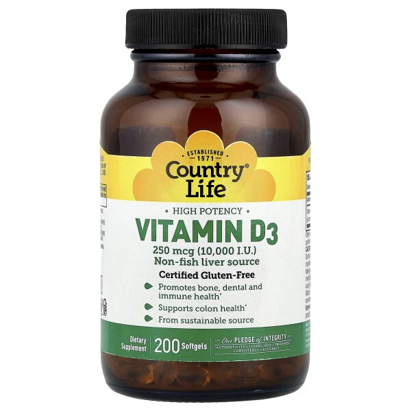 Country Life, High Potency Vitamin D3, hochwirksames Vitamin D3, 250 mcg (10.000 IU), 200 Weichkapseln