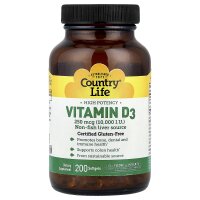 Country Life, High Potency Vitamin D3, hochwirksames Vitamin D3, 250 mcg (10.000 IU), 200 Weichkapseln
