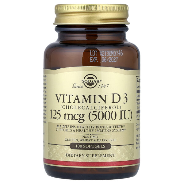 Solgar, Vitamin D3 (Cholecalciferol), 125 mcg (5.000 IU), 100 Weichkapseln