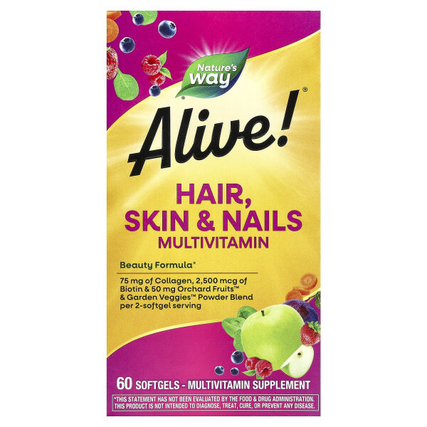 Natures Way, Alive!® Hair, Skin & Nails Multivitamin, Multivitamin für Haare, Haut und Nägel, Erdbeere, 60 Weichkapseln