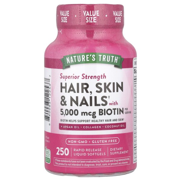 Natures Truth, Hair, Skin & Nails with Biotin, Unterstützung für Haar, Haut und Nägel mit Biotin, superstark, 250 flüssige Weichkapseln mit schneller Freisetzung