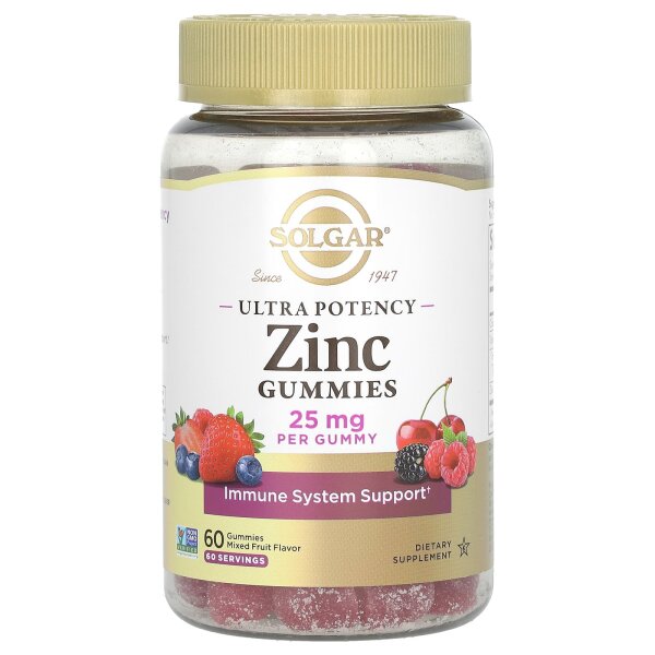Solgar, Zinc Gummies, hochwirksame Zink-Fruchtgummis, gemischte Früchte, 25 mg, 60 Fruchtgummis