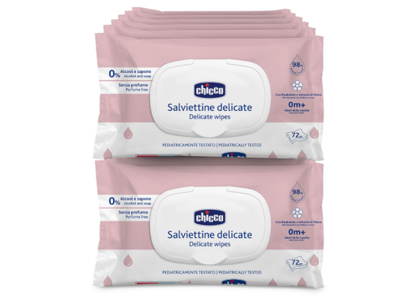 Chicco Baby-Reinigungstücher alkoholfrei, 10x72 Tücher für empfindliche Haut