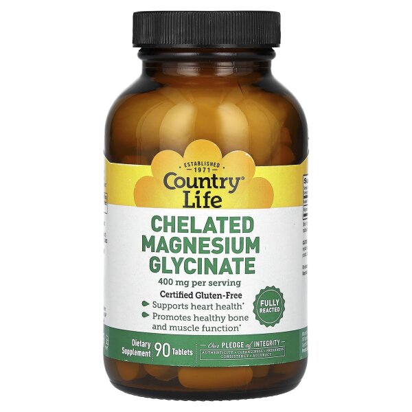 Country Life, Chelated Magnesium Glycinate, chelatiertes Magnesiumglycinat, 400 mg, 90 Tabletten (133 mg pro Tablette)