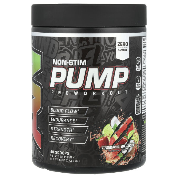 ABE, Non-Stim Pump Pre Workout, nicht stimulierende Pre-Workout-Pump-Formel, „Tigers Blood“, 500 g