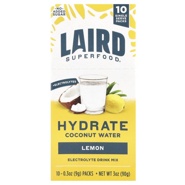 Laird Superfood, Hydrate Coconut Water, Elektrolyt-Trinkmischung, Zitrone, 10 Päckchen, je 9 g