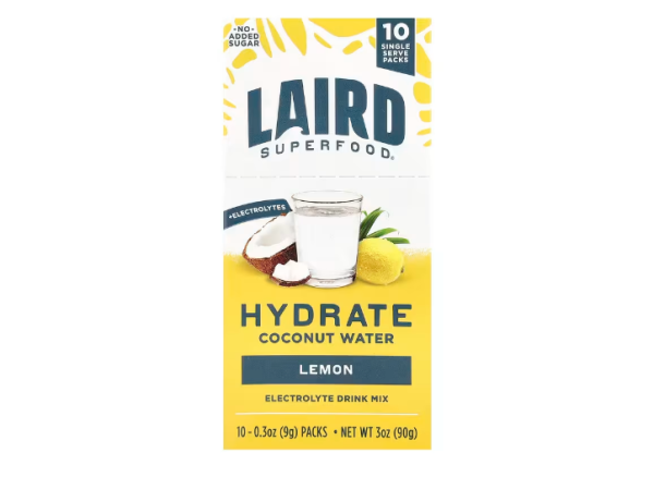 Laird Superfood, Hydrate Coconut Water, Elektrolyt-Trinkmischung, Zitrone, 10 Päckchen, je 9 g