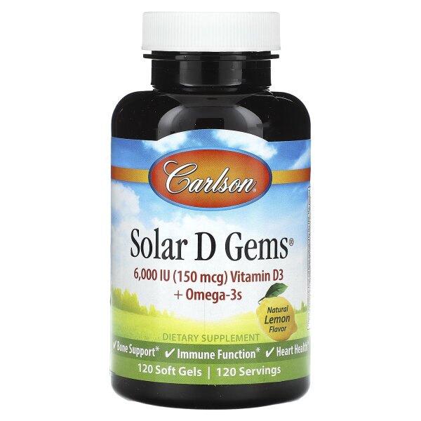 Carlson, Solar D Gems®, Vitamin D3 + Omega-3s, natürliche Zitrone, 120 Weichkapseln