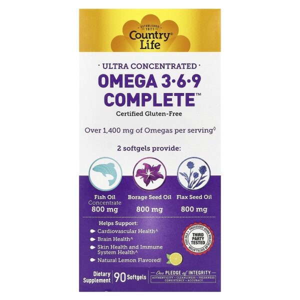 Country Life, Ultra Concentrated Omega 3-6-9 Complete, Natural Lemon, ultrakonzentrierte Omega-3, 6-, 9-Fettsäuren, natürlicher Zitronengeschmack, 90 Weichkapseln