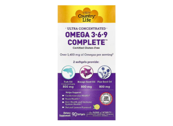 Country Life, Ultra Concentrated Omega 3-6-9 Complete, Natural Lemon, ultrakonzentrierte Omega-3, 6-, 9-Fettsäuren, natürlicher Zitronengeschmack, 90 Weichkapseln