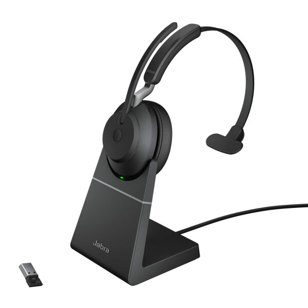 Jabra Evolve2 65 Wireless PC Headset with Charging Stand Noise Cancelling UC Certified Mono Headphones With Long-Lasting Battery – USB-A Bluetooth Adapter – Black #1