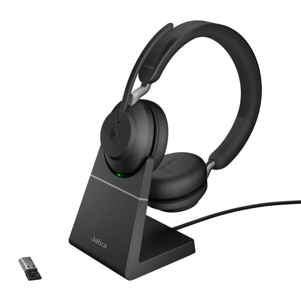 Jabra Evolve2 65 Wireless PC Headset with Charging Stand – Noise Cancelling Microsoft Teams Certified Stereo Headphones with Long-Lasting Battery – USB-A Bluetooth Adapter – Black #1